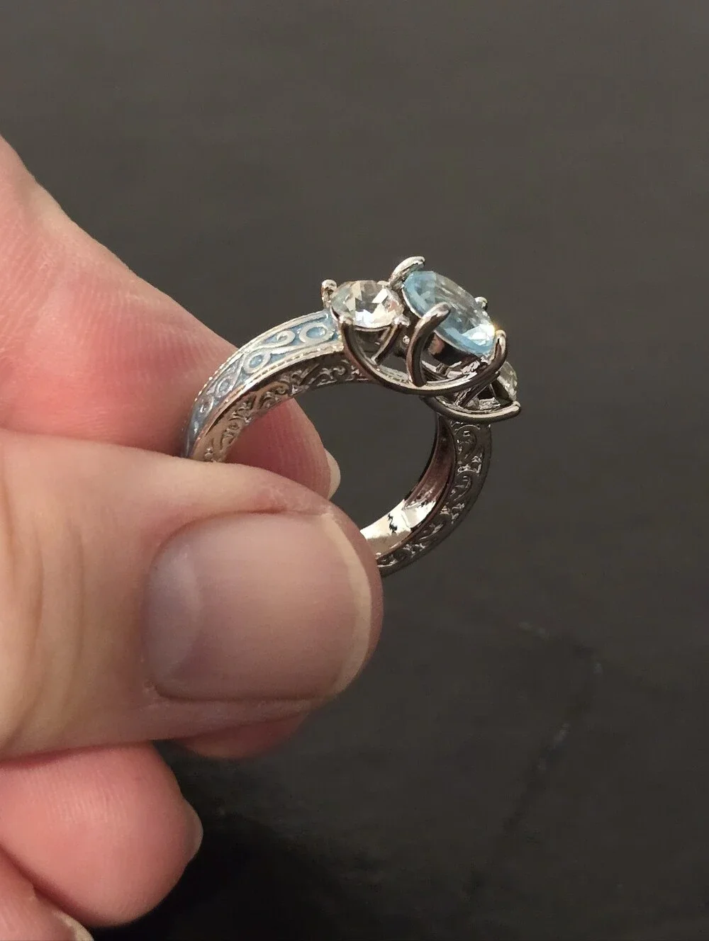 Aquamarine Three Stone Engagement Ring Vintage Filigree Enamel Band Size 7 CZ
